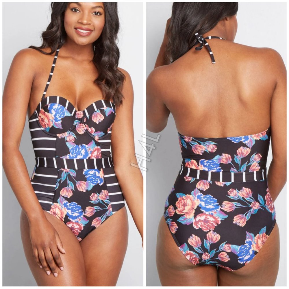 NWT ModCloth Push-Up Striped Floral Convertible Swimsuit